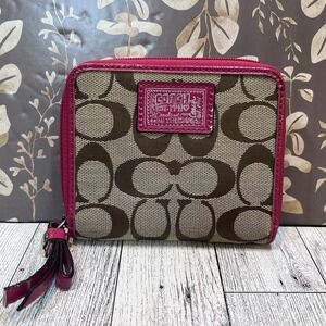 Coach Poppy Signature Medium Full‎ Zip Wallet, Tan/Pink, Canvas/Leather, EUC